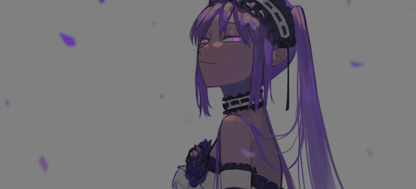 1473ex 1girl arm_garter bare_shoulders black_flower black_rose choker dress fate/hollow_ataraxia fate_(series) flower frilled_choker frilled_hairband frills hairband highres long_hair looking_at_viewer petals purple_eyes purple_hair rose sketch smile smug solo stheno_(fate) strapless strapless_dress twintails upper_body