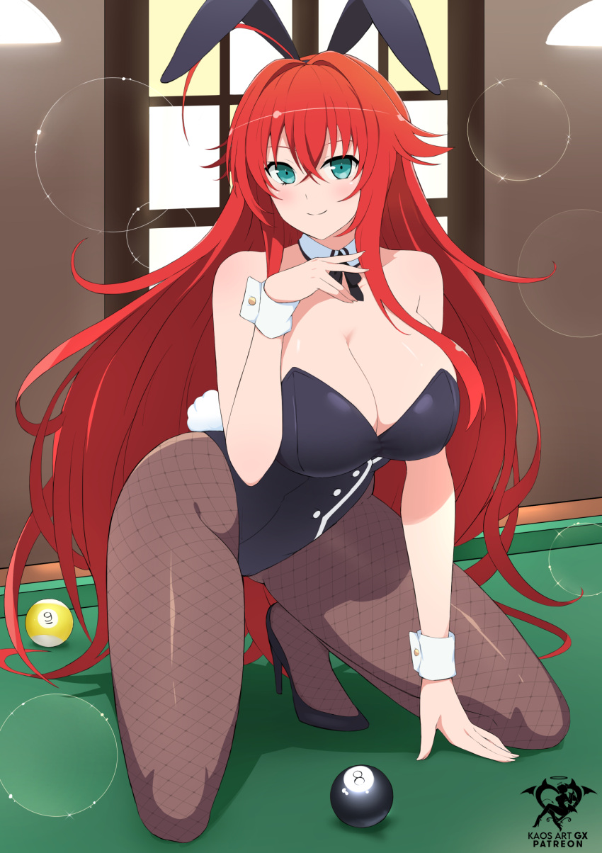 1girl 8-ball animal_ears aqua_eyes arm_support artist_name ball billiard_ball billiards black_footwear black_pantyhose breasts closed_mouth detached_collar fake_animal_ears fishnet_pantyhose fishnets hair_between_eyes high_heels high_school_dxd highres huge_breasts indoors kaos_art kneeling long_hair looking_at_viewer on_table pantyhose patreon_username playboy_bunny pool_table red_hair rias_gremory shadow smile solo table very_long_hair window wrist_cuffs