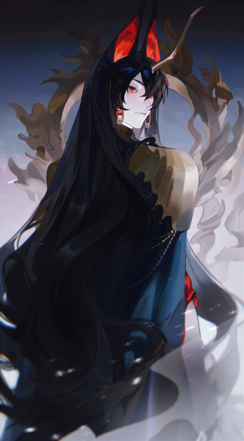 1other absurdres androgynous animal_ears arknights black_hair blue_cape cape chinese_commentary closed_mouth commentary_request cowboy_shot earrings from_behind hair_between_eyes highres horns jewelry llmia4 long_hair looking_at_viewer looking_back red_eyes single_horn very_long_hair ya_(arknights)