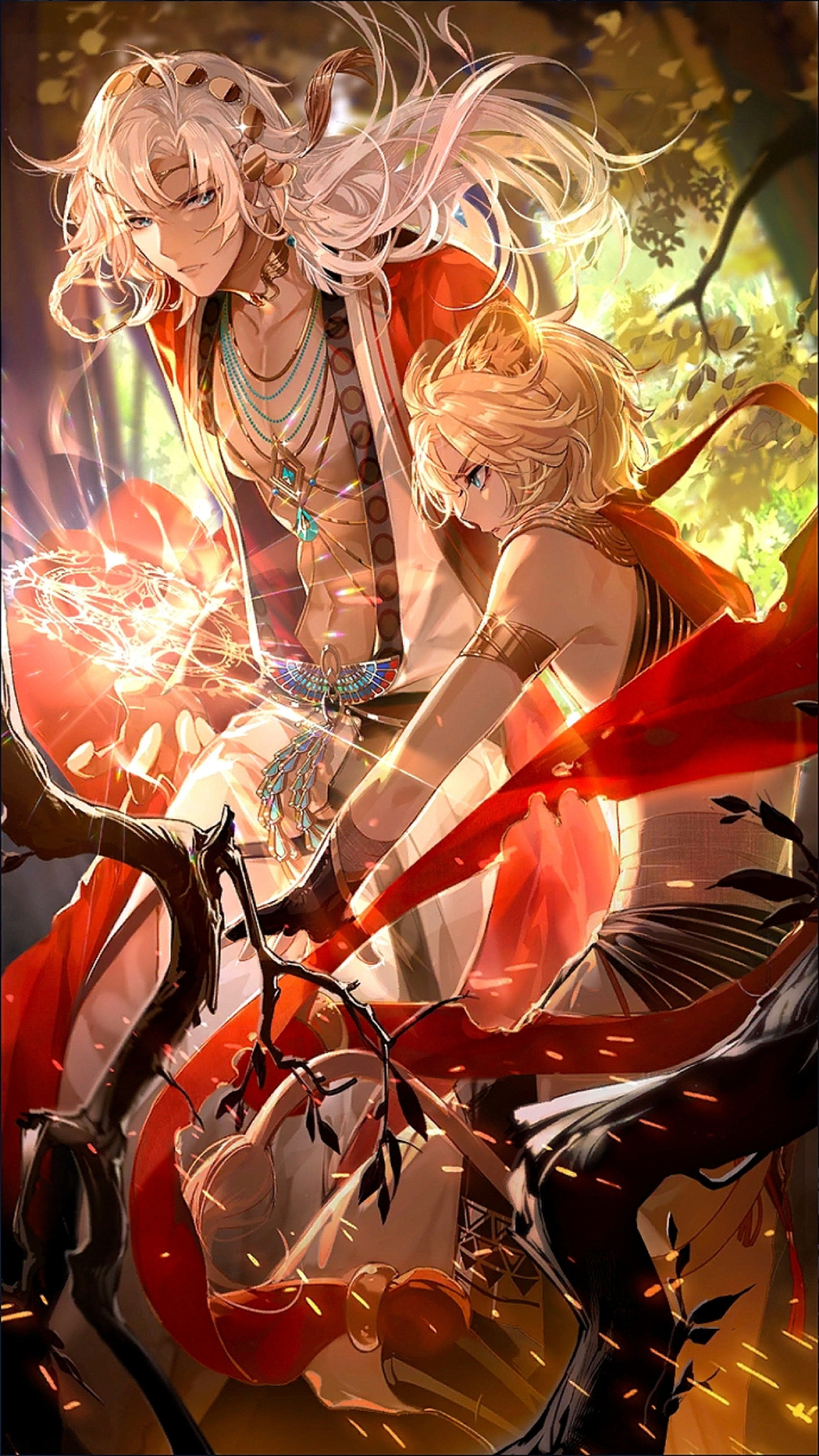 2boys animal_ears aqua_eyes armlet black_gloves black_sash blonde_hair circlet coat collar curtained_hair dark-skinned_male dark_skin dual_persona feet_out_of_frame fingerless_gloves for_all_time gloves gold_collar highres jewelry kemonomimi_mode lion_boy lion_ears lion_tail long_hair long_sleeves looking_ahead looking_at_another luo_xia magic magic_circle male_focus multiple_boys necklace official_art open_clothes open_robe parted_lips pendant profile red_coat red_scarf robe sash scarf short_hair sideways_glance sleeveless tail tree white_hair zhenzhibang149