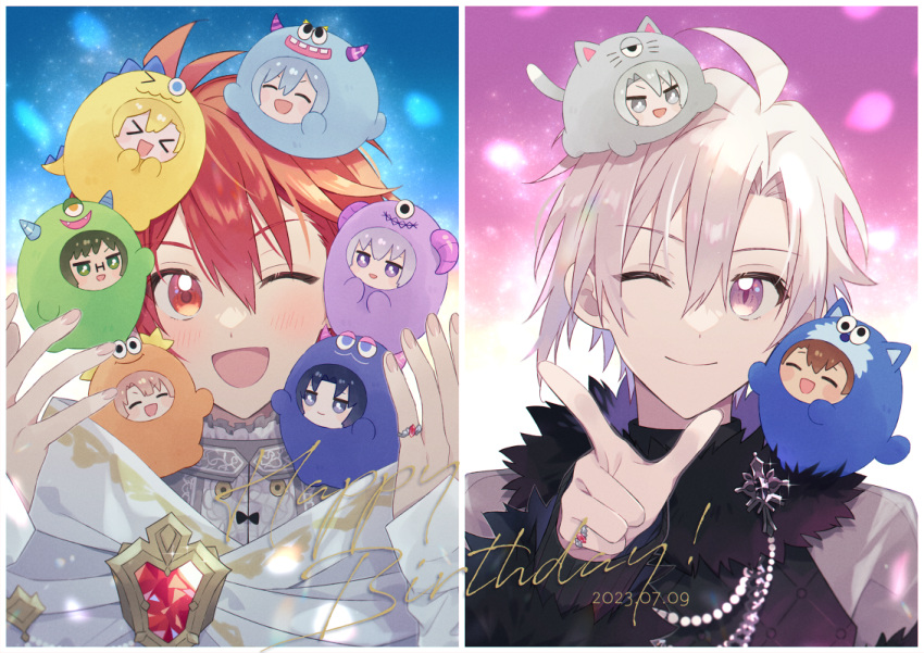 2023 2boys ahoge black_shirt brothers character_doll cloak closed_mouth dated fur-trimmed_shirt fur_trim happy_birthday hood hood_down idolish7 idolish7_(idolish7) izumi_iori izumi_mitsuki kujou_tenn male_focus multiple_boys nanase_riku nikaido_yamato one_eye_closed osaka_sougo pink_eyes pink_hair red_eyes red_hair rokuya_nagi shirt siblings smile tayako trigger_(idolish7) tsunashi_ryuunosuke twins white_cloak yaotome_gaku yotsuba_tamaki