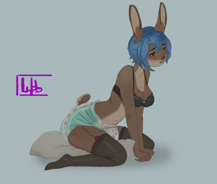 anthro bangs bite biting_lip blue_eyes blue_hair blush breasts brown_body brown_fur buckteeth clothing diaper female fur grinding hair infantilism lagomorph leaning leaning_forward legwear leporid lingerie long_ears looking_pleasured mammal masturbation navel pattern_diaper pillow pillow_humping rabbit scut_tail sex_toy short_hair short_tail signature simple_background sitting solo stockings tail teeth thigh_highs translucent translucent_clothing vibrator wob