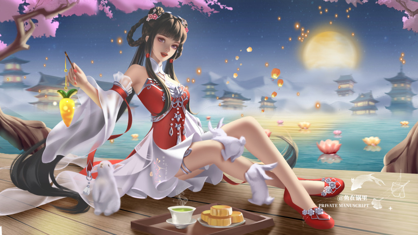 1girl absurdres artist_request bare_legs bare_shoulders braided_hair_rings carrot_on_stick cloud detached_sleeves double_bun dress flower hair_bun hair_flower hair_ornament highres holding holding_stick huo_linger_(wanmei_shijie) lantern long_hair lotus moon mountain night open_mouth rabbit red_dress second-party_source sitting solo stick twintails wanmei_shijie water