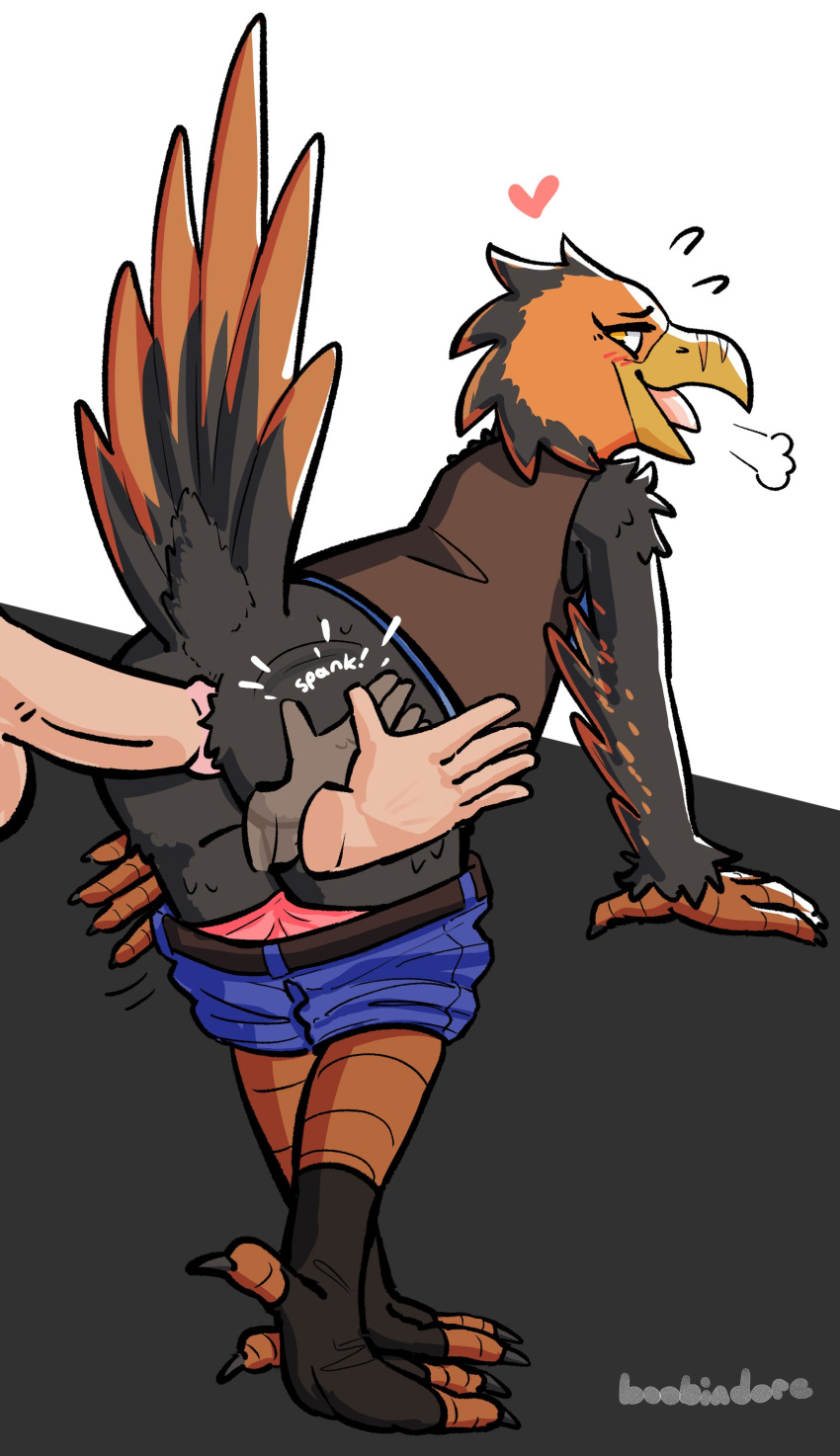 absurd_res anthro anthro_penetrated avian beak bent_over bird bottomwear bottomwear_down butt butt_slap clothed clothing disembodied_hand disembodied_penis dubindore duo feathers female genitals hi_res human human_on_anthro human_penetrating human_penetrating_anthro humanoid_genitalia humanoid_penis interspecies looking_back male male/female mammal open_beak open_mouth pants pants_down partially_clothed penetration penis sex slap spanking tail_feathers topwear vest