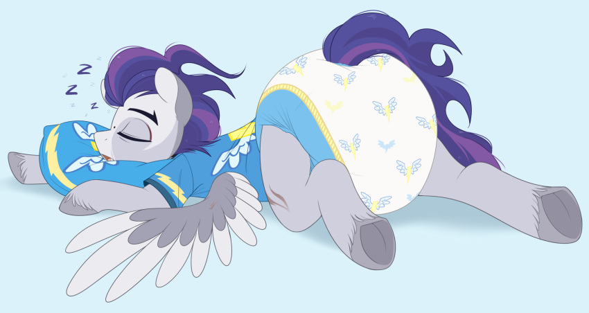 big_diaper blue_background clothed clothing diaper diaper_fetish dread_(oc) equid equine eyes_closed fan_character friendship_is_magic fur grey_body grey_fur hair hasbro hi_res hooves mammal my_little_pony pegasus pillow purple_hair romper shuphle simple_background sleeping sound_effects vowelless vowelless_sound_effect wearing_diaper wings wonderbolts_(mlp) zzz