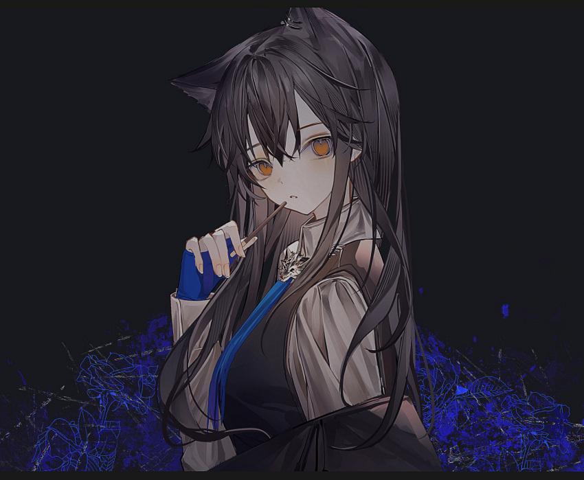 0_(znanimo) 1girl abstract_background animal_ear_fluff animal_ear_piercing animal_ears arknights black_background black_hair black_jacket black_vest blue_flower blue_gloves blue_necktie blue_rose blue_theme breasts clothes_down collared_shirt commentary double-parted_bangs dress_shirt expressionless extra_ears fingerless_gloves fingernails flower food from_side gloves hair_between_eyes hair_flowing_over hand_up head_tilt high_collar highres holding holding_food holding_pocky hoop_piercing jacket leaf long_hair long_sleeves looking_at_viewer medium_breasts nail_polish necktie official_alternate_costume orange_eyes pale_skin parted_bangs parted_lips piercing pocky rose shirt sidelocks sleeve_cuffs solo standing straight_hair symbol-only_commentary texas_(arknights) texas_the_omertosa_(arknights) torn_clothes torn_necktie upper_body vest white_shirt wing_collar wolf_ears wolf_girl wolf_head