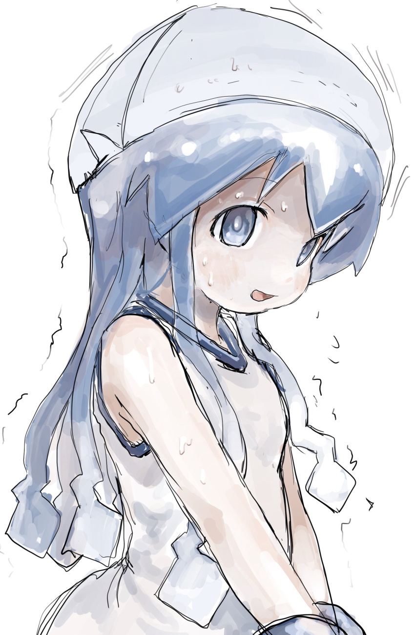 1girl absurdres blue_eyes blue_hair dress hat highres ikamusume long_hair motion_lines open_mouth reo_(salmomomon) scared shinryaku!_ikamusume simple_background sleeveless sleeveless_dress solo tentacle_hair trembling upper_body wet white_background white_dress white_headwear