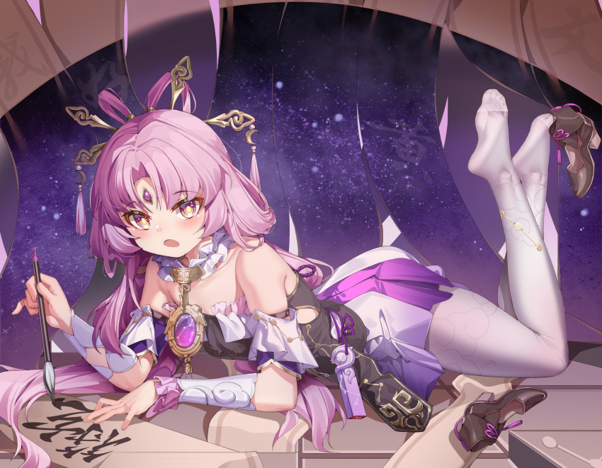 1girl absurdres aiza-ku bare_shoulders bow-shaped_hair constellation constellation_print feet forehead_jewel fu_xuan_(honkai:_star_rail) hair_ornament hair_rings high_heels highres holding holding_pen honkai:_star_rail honkai_(series) leggings looking_at_viewer low_twintails lying on_stomach open_mouth pantyhose pen pink_hair pink_tassel purple_rope rope soles tassel tassel_hair_ornament thighhighs twintails white_leggings white_pantyhose white_thighhighs writing yellow_eyes