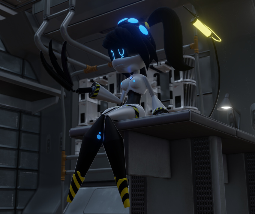 3d_(artwork) absurd_res android blue_eyes breasts digital_media_(artwork) emily_(murder_drones) female hi_res humanoid looking_at_self lorded machine murder_drones nipples not_furry robot screen screen_face sitting solo white_body