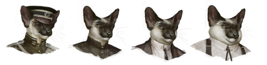 aging anthro big_ears bust_portrait clothing dewlap_(anatomy) domestic_cat double_chin felid feline felis hi_res karras_lafontaine long_image male mammal military_uniform morbidly_obese necktie obese overweight overweight_male portrait sequence siamese solo suspenders uniform weight_gain whaleoil1 wide_image