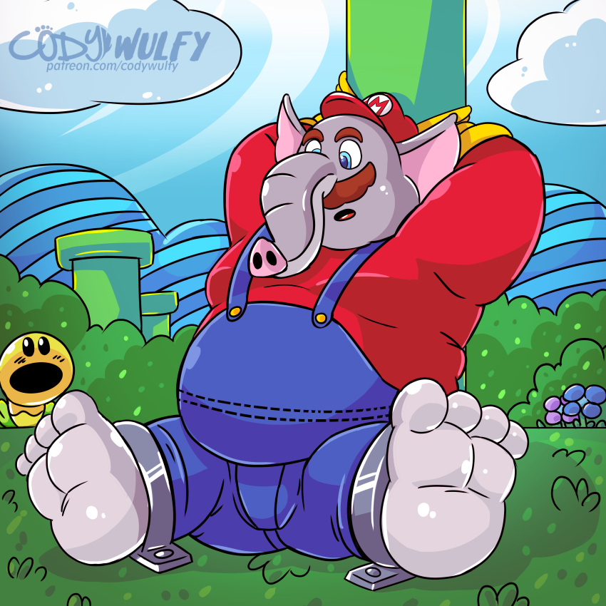 1:1 absurd_res anthro bdsm bondage bound chubby_male codywulfy_(artist) elephant elephant_mario elephantid feet helpless hi_res male mammal mario mario_bros nintendo overweight overweight_male paws proboscidean solo super_mario_bros_wonder talking_flower_(super_mario_bros_wonder)