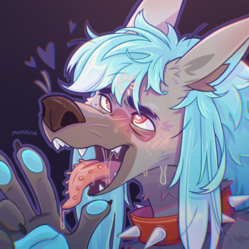 &lt;3 &lt;3_eyes aardwolf absurd_res ahegao ambiguous_gender anthro bodily_fluids canid canine canis collar deadishwolf gesture hi_res hyena looking_pleasured mammal melting morrch saliva saliva_string solo tongue tongue_out v_sign wolf