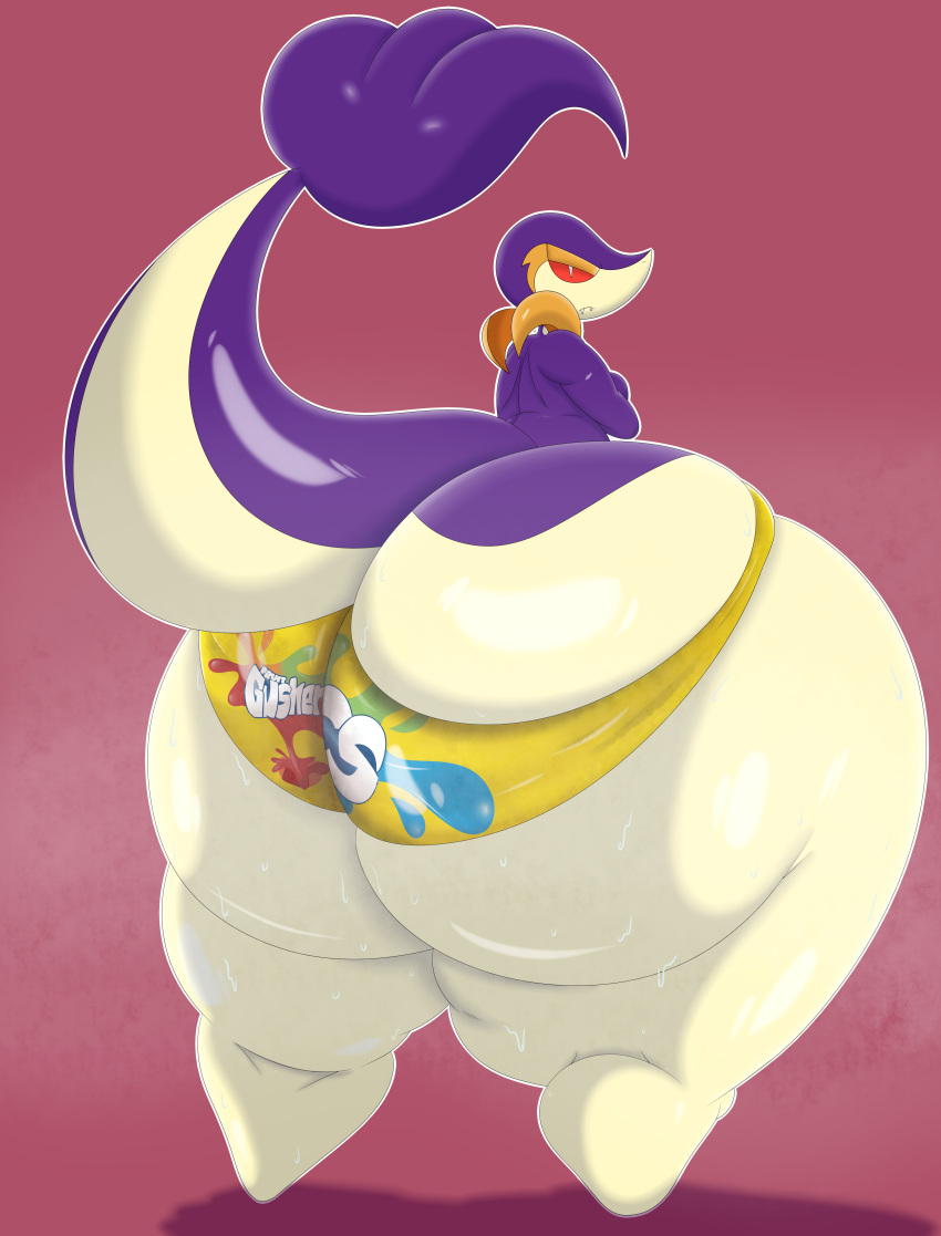 2023 absurd_res alternate_color anthro big_butt biped bloocherrypie bodily_fluids bottom_heavy butt clothed clothing crossed_arms fan_character fangs frown fruit_gushers generation_5_pokemon grape_soda_(nya4) hi_res huge_butt huge_thighs hyper hyper_butt hyper_thighs ineffective_clothing looking_at_viewer looking_back looking_back_at_viewer low-angle_view male mostly_nude multicolored_body nintendo panties panties_only pink_background pokemon pokemon_(species) pupils purple_body raised_tail rear_view red_sclera simple_background slit_pupils snivy solo standing sweat sweat_stain sweatdrop sweaty_butt tail tan_body teeth thick_thighs tight_clothing tight_panties topless two_tone_body underwear underwear_only white_eyes