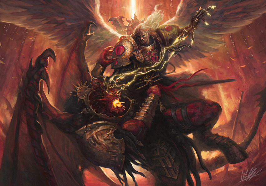 2boys angel_wings angron armlet armor battle blonde_hair chaos_(warhammer) demon demon_tail demon_wings fingernails glowing glowing_eyes glowing_mouth gold_armor hair_tubes heresy holding holding_sword holding_weapon hooves kheljay laurel_crown lightning long_hair lost_primarchs multiple_boys open_mouth ornate_armor pauldrons power_armor primarch pulling sanguinius sharp_fingernails sharp_teeth shoulder_armor spiked_armlet spiked_armor spiked_tail sword tail teeth tube warhammer_40k weapon wings