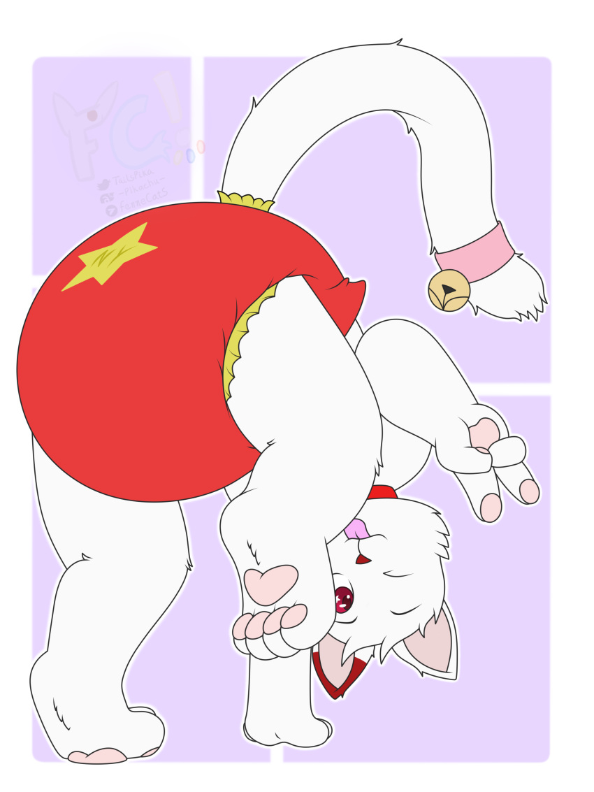 absurd_res accessory anthro bell clothed clothing collar diaper domestic_cat felid feline felis fennecat_(artist) fur furgonomics hi_res male mammal pawpads pink_pawpads red_eyes red_spots solo spots tail tail_accessory tongue tongue_out watermark wearing_diaper white_body white_fur young