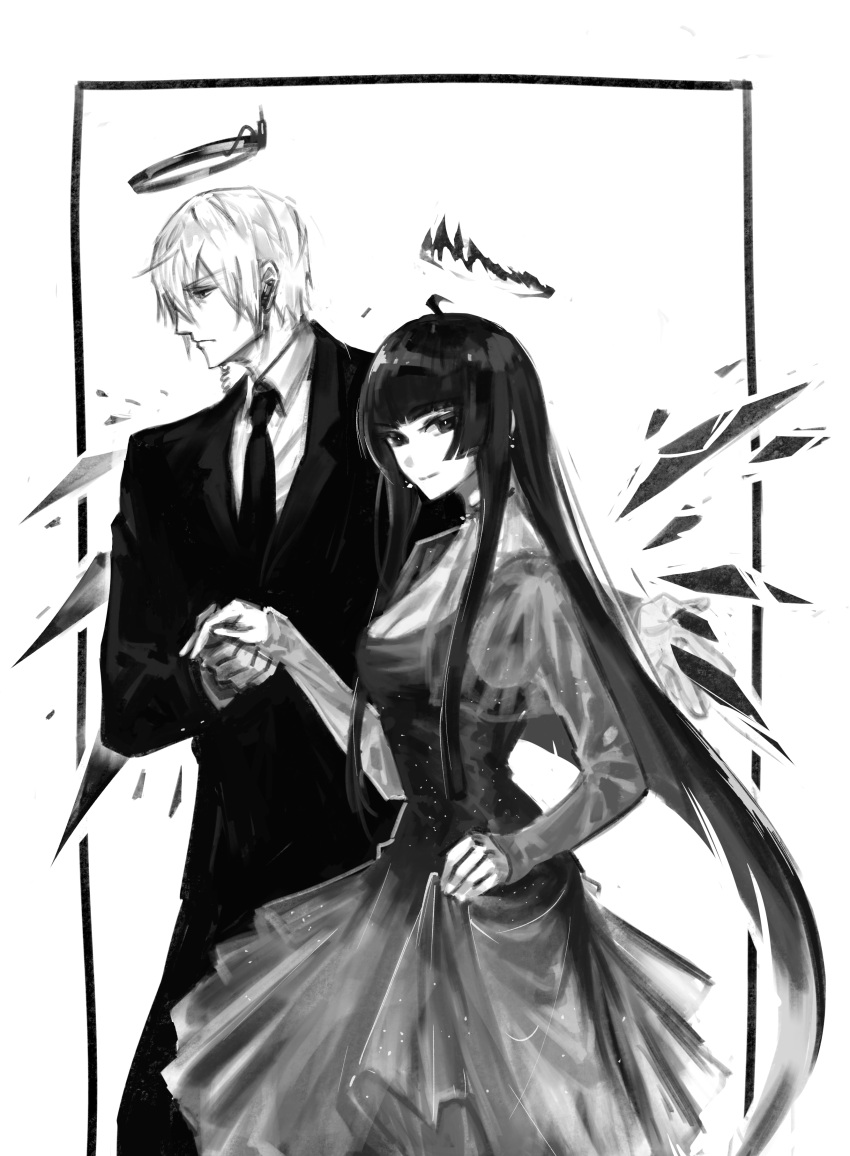 1boy 1girl absurdres ahoge alternate_costume arknights blunt_bangs border breasts broken_halo buttons cleavage closed_mouth collared_shirt commentary_request cousins cowboy_shot dark_halo detached_wings doctahmem dress dress_shirt earpiece energy_wings executor_(arknights) formal from_side greyscale hair_between_eyes halo hand_on_another's_hand hands_up high_contrast highres hime_cut holding_hands jacket juliet_sleeves korean_commentary lapels light_particles light_smile long_hair long_sleeves looking_afar looking_ahead looking_at_viewer looking_to_the_side mechanical_halo mechanical_wings medium_breasts messy_hair monochrome necktie open_hand outside_border outstretched_hand pants pleated_dress profile puffy_short_sleeves puffy_sleeves shadow shirt short_hair short_sleeves sidelocks simple_background skirt_hold sleeve_cuffs standing strapless strapless_dress suit very_long_hair virtuosa_(arknights) wing_collar wings wire