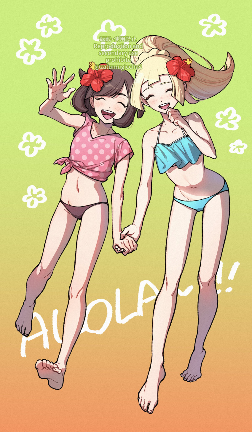 2girls :d absurdres barefoot bikini bikini_bottom_only blonde_hair brown_hair closed_eyes commentary_request eyelashes flower gradient_background green_background hair_flower hair_ornament happy highres holding_hands knees legs lillie_(pokemon) long_hair mugiccha2 multiple_girls navel open_mouth pink_shirt pokemon pokemon_(game) pokemon_sm polka_dot polka_dot_shirt ponytail red_flower selene_(pokemon) shirt smile swimsuit teeth toes tongue twitter_username upper_teeth_only