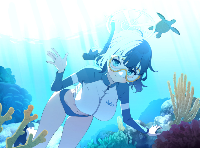 1girl absurdres ahoge artist_request bikini bikini_bottom_only black_footwear blue_archive blue_bikini blue_eyes blue_hair blush breasts closed_mouth coral_reef cropped_jacket dark_blue_hair diving diving_mask flippers goggles halo highres holding_breath jacket long_sleeves looking_at_viewer medium_breasts medium_hair multicolored_clothes multicolored_jacket navel non-web_source official_alternate_costume official_art raglan_sleeves rash_guard saki_(blue_archive) saki_(swimsuit)_(blue_archive) salute snorkel solo swimsuit turtle two-tone_jacket underwater