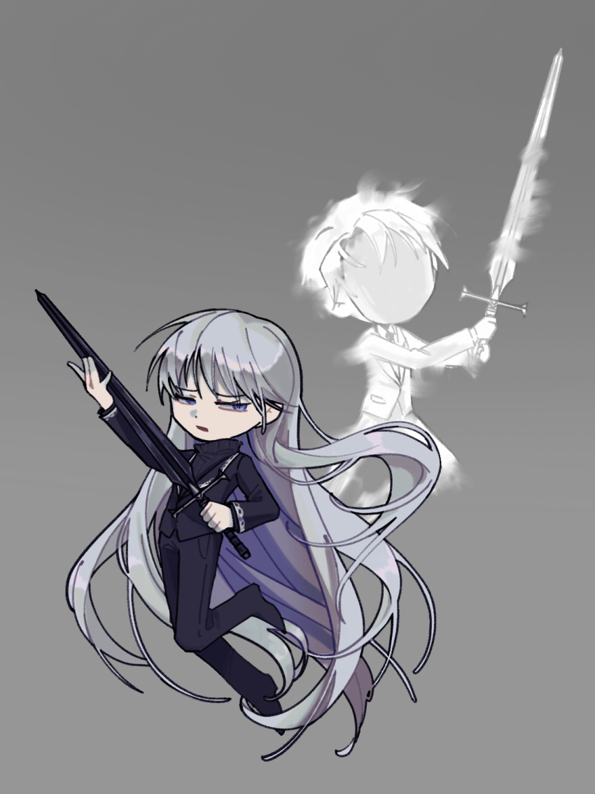 1boy 1girl alternate_universe angelica_(library_of_ruina) black_footwear black_jacket black_pants black_sweater blue_eyes feixu_(ruin) floating ghost grey_background highres holding holding_sword holding_weapon husband_and_wife jacket library_of_ruina long_hair long_sleeves looking_to_the_side mask no_gloves pants project_moon roland_(library_of_ruina) role_reversal shoes silver_trim simple_background spoilers sweater sword turtleneck turtleneck_sweater very_long_hair weapon white_hair