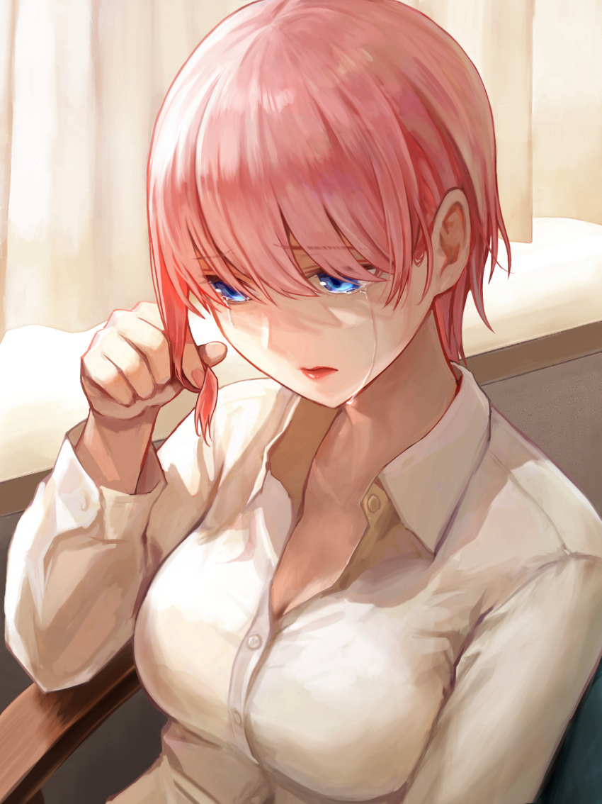 1girl blue_eyes breasts cleavage collared_shirt commentary_request crying crying_with_eyes_open curtains go-toubun_no_hanayome hair_between_eyes highres indoors ishiyuki large_breasts long_sleeves nakano_ichika pink_hair revision shirt short_hair sitting solo tears upper_body white_shirt