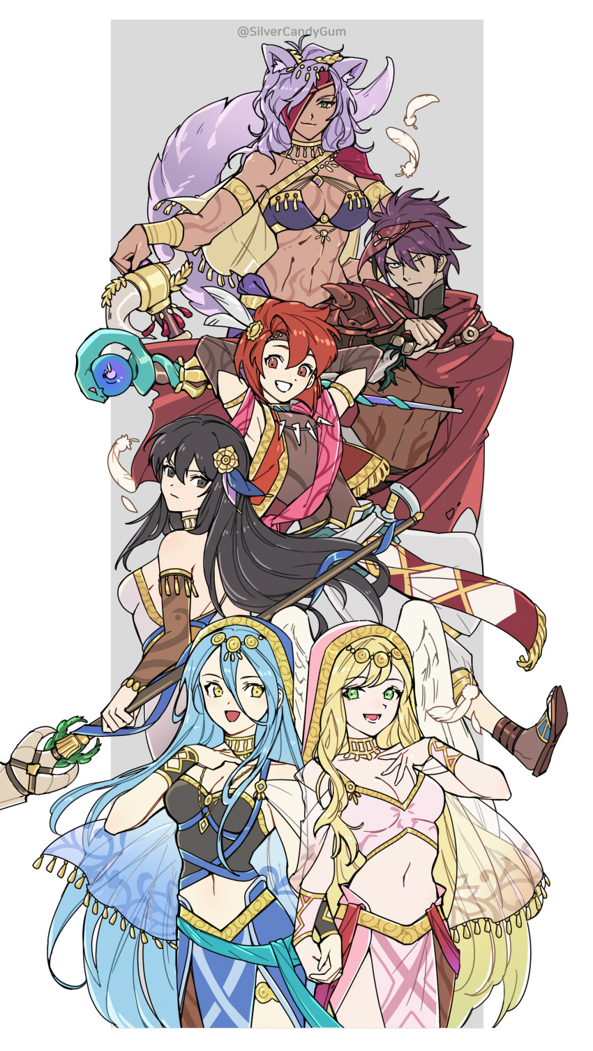 2boys 4girls absurdres animal_ears arms_behind_head azura_(fire_emblem) azura_(hatari)_(fire_emblem) black_hair blonde_hair blue_hair breasts cleavage dagger deen_(fire_emblem_gaiden) deen_(hatari)_(fire_emblem_gaiden) dress fire_emblem fire_emblem:_mystery_of_the_emblem fire_emblem:_path_of_radiance fire_emblem:_radiant_dawn fire_emblem:_the_blazing_blade fire_emblem_echoes:_shadows_of_valentia fire_emblem_heroes headband highres holding holding_dagger holding_hands holding_knife holding_polearm holding_staff holding_weapon hood karla_(fire_emblem) karla_(hatari)_(fire_emblem) knife leanne_(fire_emblem) leanne_(hatari)_(fire_emblem) looking_at_viewer multiple_boys multiple_girls nailah_(fire_emblem) nailah_(hatari)_(fire_emblem) official_alternate_costume one_eye_closed polearm scar scar_on_face silvercandy_gum smile staff tail weapon white_dress wing_hair_ornament wolf_ears wolf_girl wolf_tail xane_(fire_emblem) xane_(hatari)_(fire_emblem)