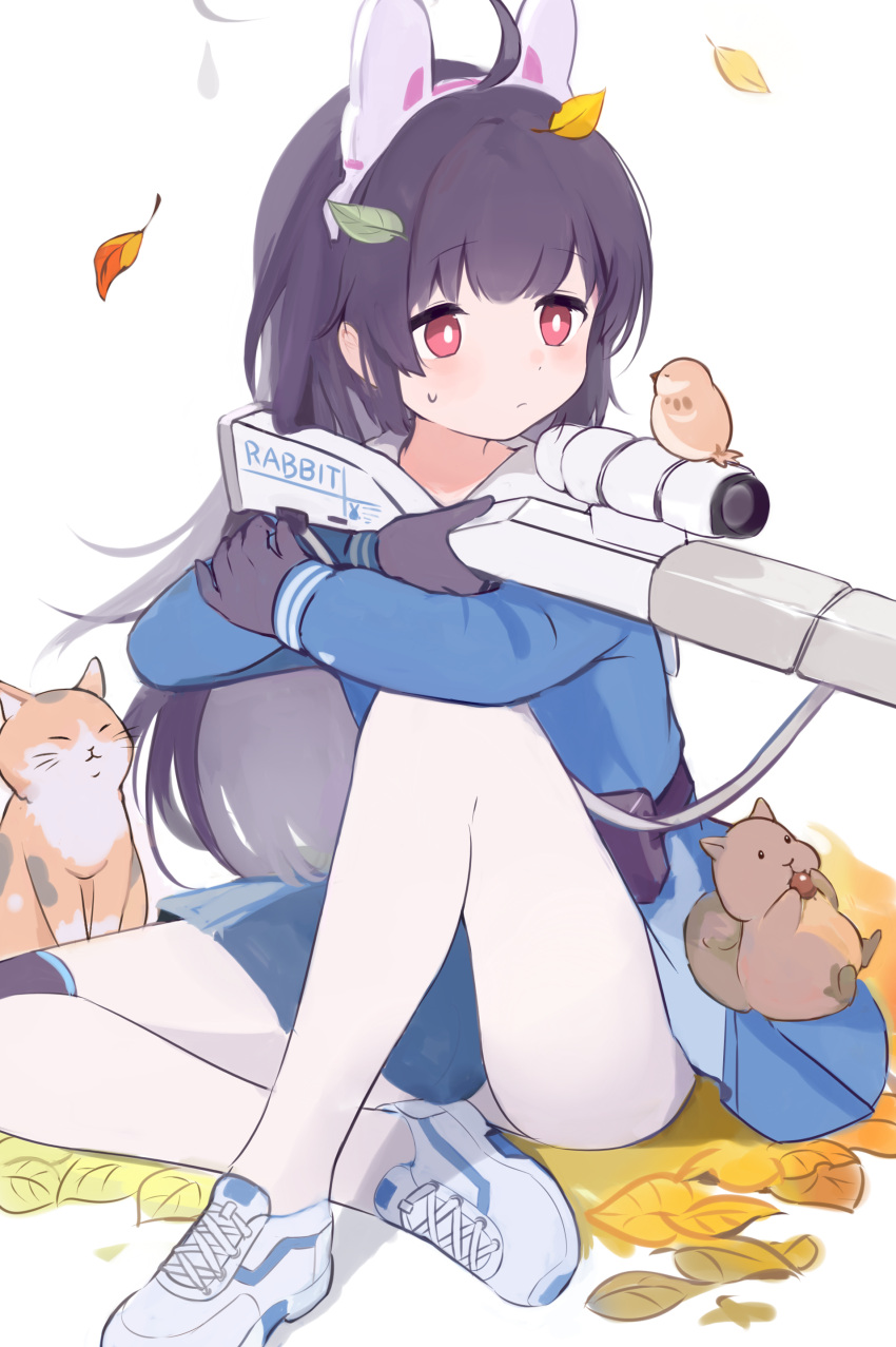 1girl absurdres ahoge animal_ears autumn_leaves bird black_gloves black_hair blue_archive blue_serafuku blush bright_pupils cat fake_animal_ears gloves gun highres holding holding_gun holding_weapon knee_up leaf leaf_on_head long_hair miyu_(blue_archive) onigiri_noe pantyhose rabbit_ears rifle school_uniform scope serafuku shoes simple_background sneakers sniper_rifle solo squirrel straight_hair sweatdrop weapon white_background white_pantyhose