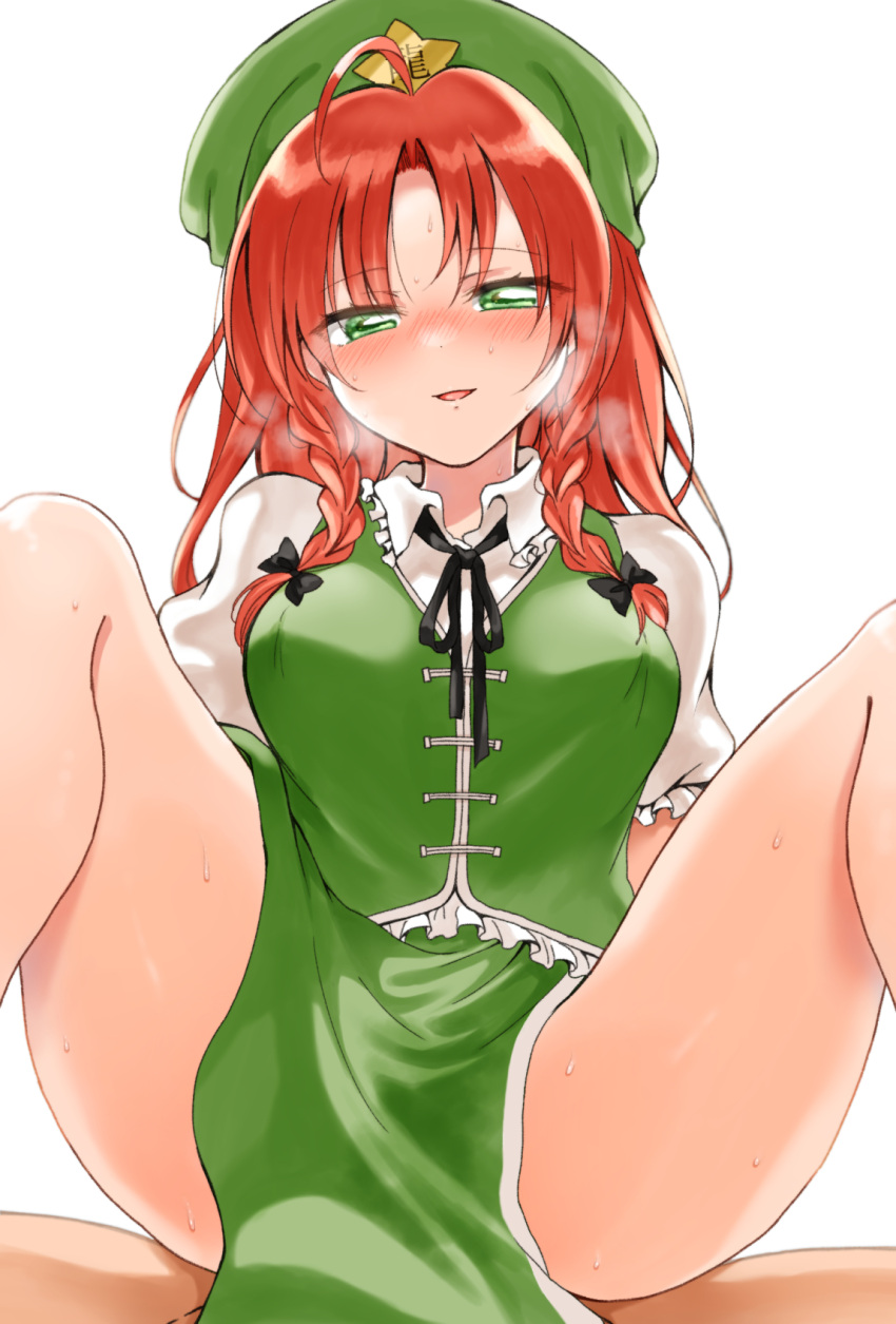 1girl ahoge bare_legs blush bow braided_sidelock breasts chinese_clothes full-face_blush green_eyes hair_bow half-closed_eyes highres hong_meiling implied_sex knees_up large_breasts looking_at_viewer nanana_(chicken_union) pelvic_curtain puffy_short_sleeves puffy_sleeves red_hair short_sleeves simple_background smile solo spread_legs steam touhou white_background