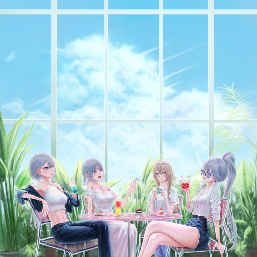 4girls ak-12_(girls'_frontline) ak-15_(girls'_frontline) alternate_costume an-94_(girls'_frontline) blonde_hair blue_sky braid cake cloud cloudy_sky cup cupcake defy_(girls'_frontline) denim denim_shorts dindsau dress drinking drinking_glass drinking_straw food french_braid girls'_frontline grey_hair highres holding holding_cup jacket jeans long_hair long_skirt multiple_girls on_chair pants plate rpk-16_(girls'_frontline) shorts skirt sky sunglasses table white_dress