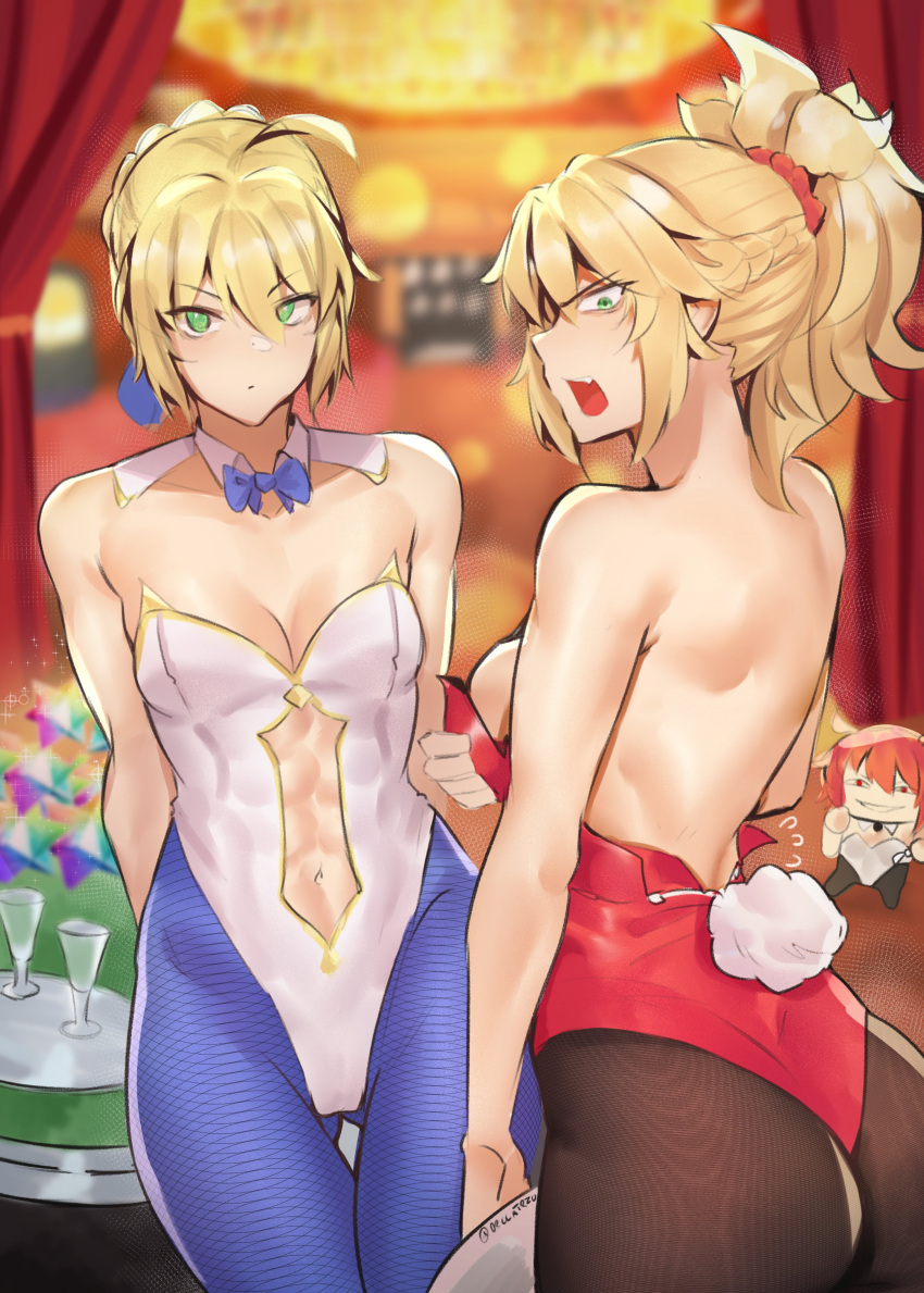 2girls abs absurdres annoyed artoria_pendragon_(fate) ass ass_visible_through_thighs back blonde_hair bow bowtie breasts casino cleavage deccatezu fate/grand_order fate_(series) father_and_son green_eyes hair_ornament hair_scrunchie highres mordred_(fate) mother_and_daughter multiple_girls october playboy_bunny red_scrunchie saint_quartz_(fate) scrunchie