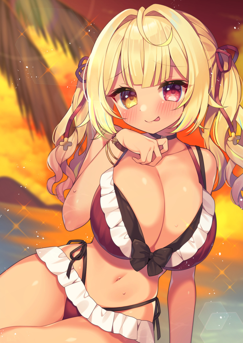 1girl :q ahoge bikini blonde_hair blush bracelet breasts brown_choker choker cleavage closed_mouth cloud collarbone dot_nose frilled_bikini frills glint hair_intakes hair_ribbon heterochromia highleg highleg_bikini highres hoshikawa_sara hoshikawa_sara_(4th_costume) huge_breasts jewelry lips long_hair looking_at_viewer navel nijisanji ocean red_bikini red_eyes red_ribbon ribbon side-tie_bikini_bottom skindentation sky smile solo stomach summer sunlight sunset sweat swimsuit tan thighs tongue tongue_out twintails ujiie virtual_youtuber wide_hips yellow_eyes