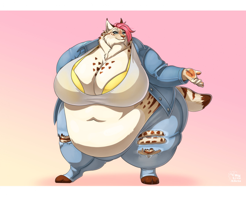 2022 anthro belly big_belly big_breasts biglovealicia bottomwear bra breasts brown_body clothed clothing denim denim_clothing digital_media_(artwork) digitigrade felid feline female hair hi_res jeans looking_at_viewer lynx mammal morbidly_obese morbidly_obese_anthro obese obese_anthro overweight overweight_anthro overweight_female pants signature simple_background solo tail torn_bottomwear torn_clothing torn_pants underwear white_body