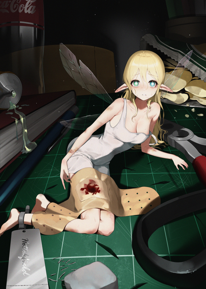 1girl absurdres bandaid bandaid_on_leg blonde_hair blood breasts chips_(food) cleavage coca-cola cola collarbone commentary cutting_board dress english_commentary eraser fairy food highres injury k_hottok looking_at_viewer medium_breasts mini_person minigirl original pliers pointy_ears potato_chips solo strap_slip sweatdrop torn_wings white_dress wings