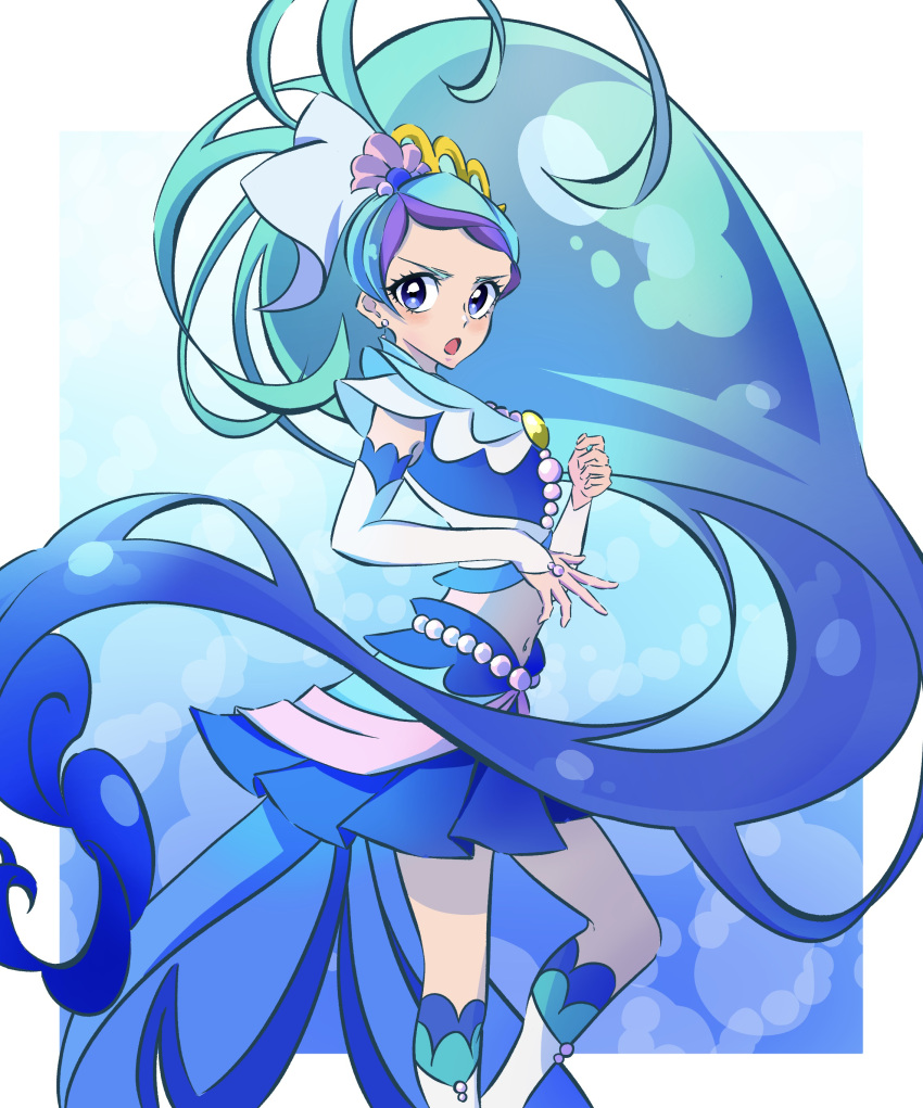 1girl absurdres aqua_hair blue_eyes blue_hair blue_shirt blue_skirt boots bridal_gauntlets brooch cropped_shirt cure_mermaid earrings elbow_gloves from_side frown gloves go!_princess_precure gradient_hair hair_ribbon highres jewelry kaidou_minami kengo_kumaxile long_hair looking_at_viewer magical_girl midriff miniskirt multicolored_hair open_mouth pleated_skirt precure purple_hair ribbon shirt showgirl_skirt skirt sleeveless sleeveless_shirt solo standing streaked_hair swept_bangs tiara two-tone_hair very_long_hair white_footwear white_gloves white_ribbon