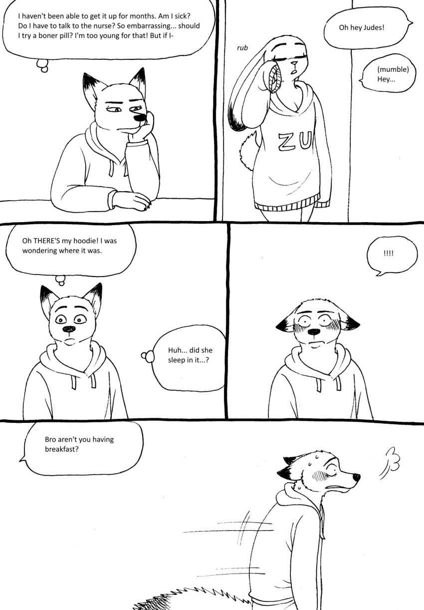 2023 4_fingers anthro aroused bernielover blush breasts canid canine claws cleavage clothed clothing comic dialogue disney duo embarrassed english_text female finger_claws fingers fox fur hi_res hoodie humanoid_hands judy_hopps lagomorph leporid male male/female mammal monochrome nick_wilde rabbit running sleeves_past_wrists speech_bubble text thinking thought_bubble tired topwear zootopia