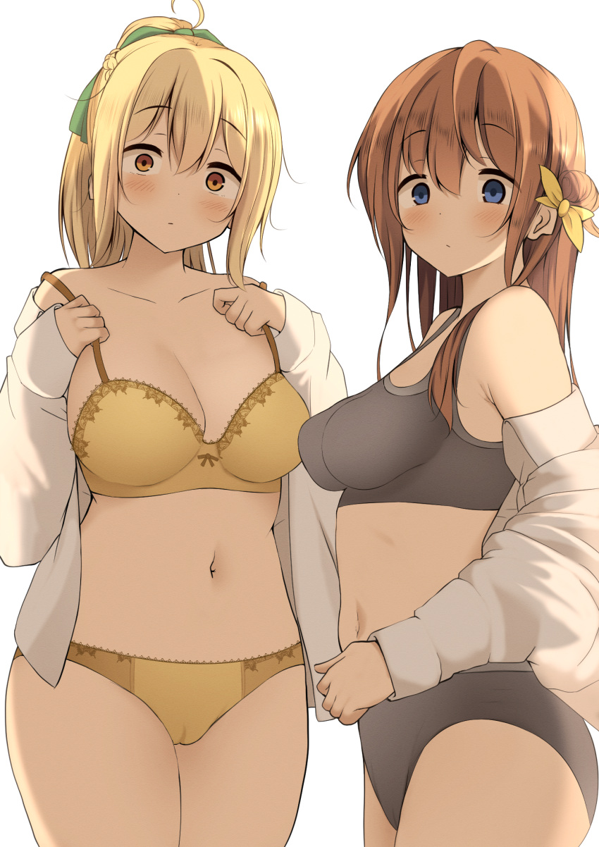 2girls ahoge arihara_tsubasa bare_shoulders black_panties black_sports_bra blonde_hair blue_eyes blush bra breasts brown_hair cameltoe cinderella_series cleavage collarbone commission cowboy_shot hachigatsu_no_cinderella_nine hair_bun hair_ribbon highres long_hair long_sleeves medium_breasts multiple_girls navel off_shoulder open_clothes open_shirt orange_eyes panties pixiv_commission ponytail ribbon shirt simple_background single_side_bun sleeves_past_wrists sports_bra stomach underwear undressing white_background white_shirt winter_(winterinkoakuma) yellow_bra yellow_panties yellow_ribbon