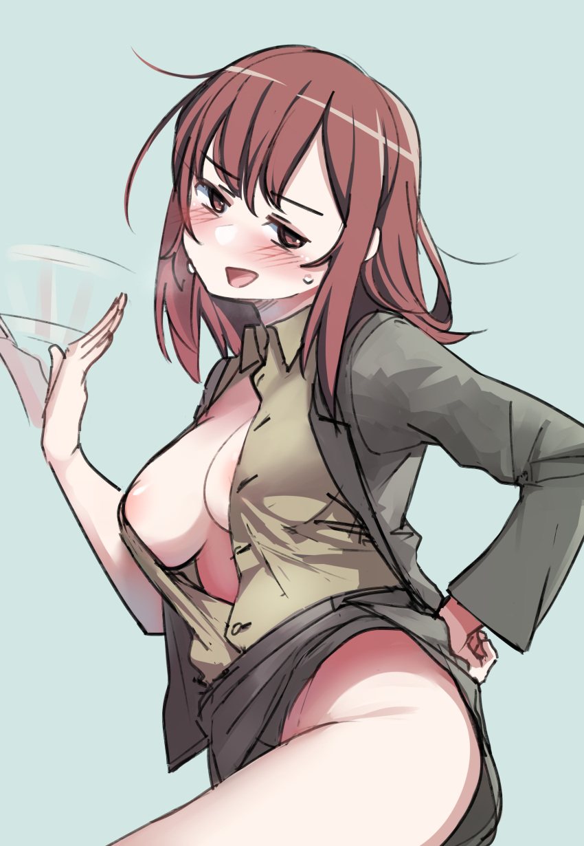 1girl absurdres afterimage blush breasts breasts_out brown_eyes brown_hair cleavage cleft_of_venus clothes_lift collared_shirt fanning_self grace_maitland_steward highres hot jacket large_breasts leg_up legs long_hair luminous_witches m1saki_1 messy_hair military military_uniform miniskirt nipple_slip nipples no_bra no_panties open_clothes open_jacket open_mouth open_shirt pencil_skirt puffy_nipples shirt simple_background skirt skirt_lift smile solo stomach sweat sweatdrop thighs uniform world_war_ii world_witches_series