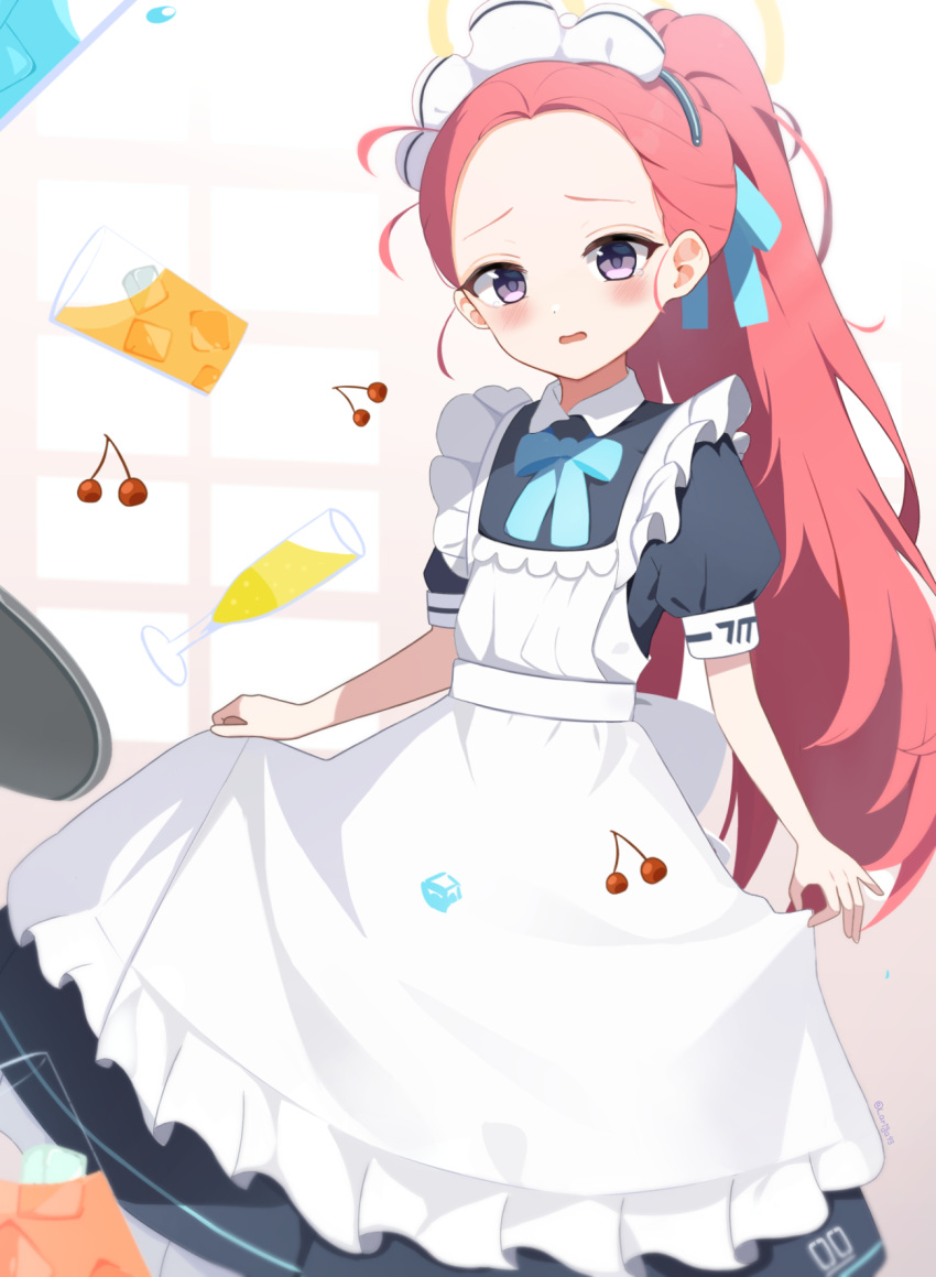 1girl apron apron_lift blue_archive blue_bow blush bow cherry english_commentary food forehead fruit halo highres ice juice la_riga long_hair looking_at_viewer maid maid_apron maid_headdress open_mouth orange_juice red_hair yellow_halo yuzu_(blue_archive) yuzu_(maid)_(blue_archive)