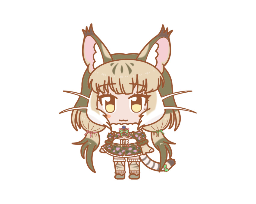 1girl animal_ears camouflage cat_ears cat_girl cat_tail ef63_11 extra_ears full_body grey_hair jungle_cat_(kemono_friends) kemono_friends kemono_friends_pavilion kemono_friends_v_project kneehighs long_hair looking_at_viewer microphone ribbon shirt shoes simple_background skirt socks solo tail twintails virtual_youtuber yellow_eyes