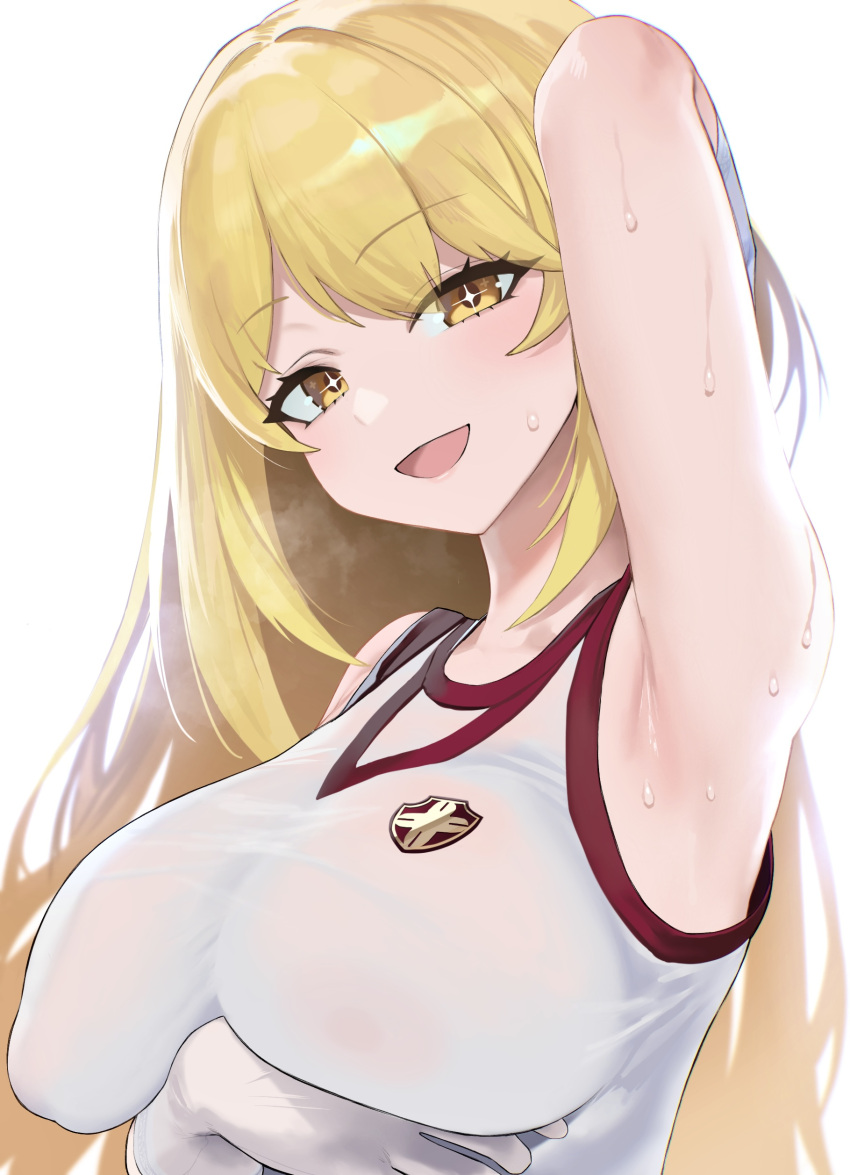 1girl absurdres arm_under_breasts armpits backlighting bare_shoulders blonde_hair breast_hold breasts commentary_request gloves gym_shirt highres impossible_clothes impossible_shirt kazane-wind long_hair looking_at_viewer open_mouth paid_reward_available shirt shokuhou_misaki simple_background sleeveless sleeveless_shirt smile solo star-shaped_pupils star_(symbol) sweat symbol-shaped_pupils toaru_kagaku_no_railgun toaru_kagaku_no_railgun_t toaru_majutsu_no_index tokiwadai_school_gym_uniform upper_body very_sweaty white_background white_gloves white_shirt yellow_eyes