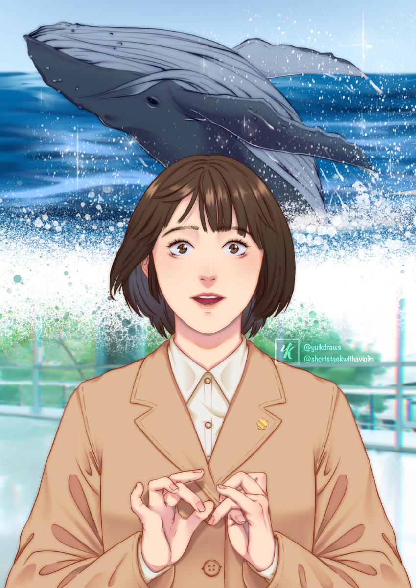 1girl :d absurdres artist_name blurry blurry_background brown_eyes brown_hair coat english_commentary extraordinary_attorney_woo highres looking_at_viewer open_mouth short_hair smile solo standing upper_body whale woo_young-woo yuikdraws