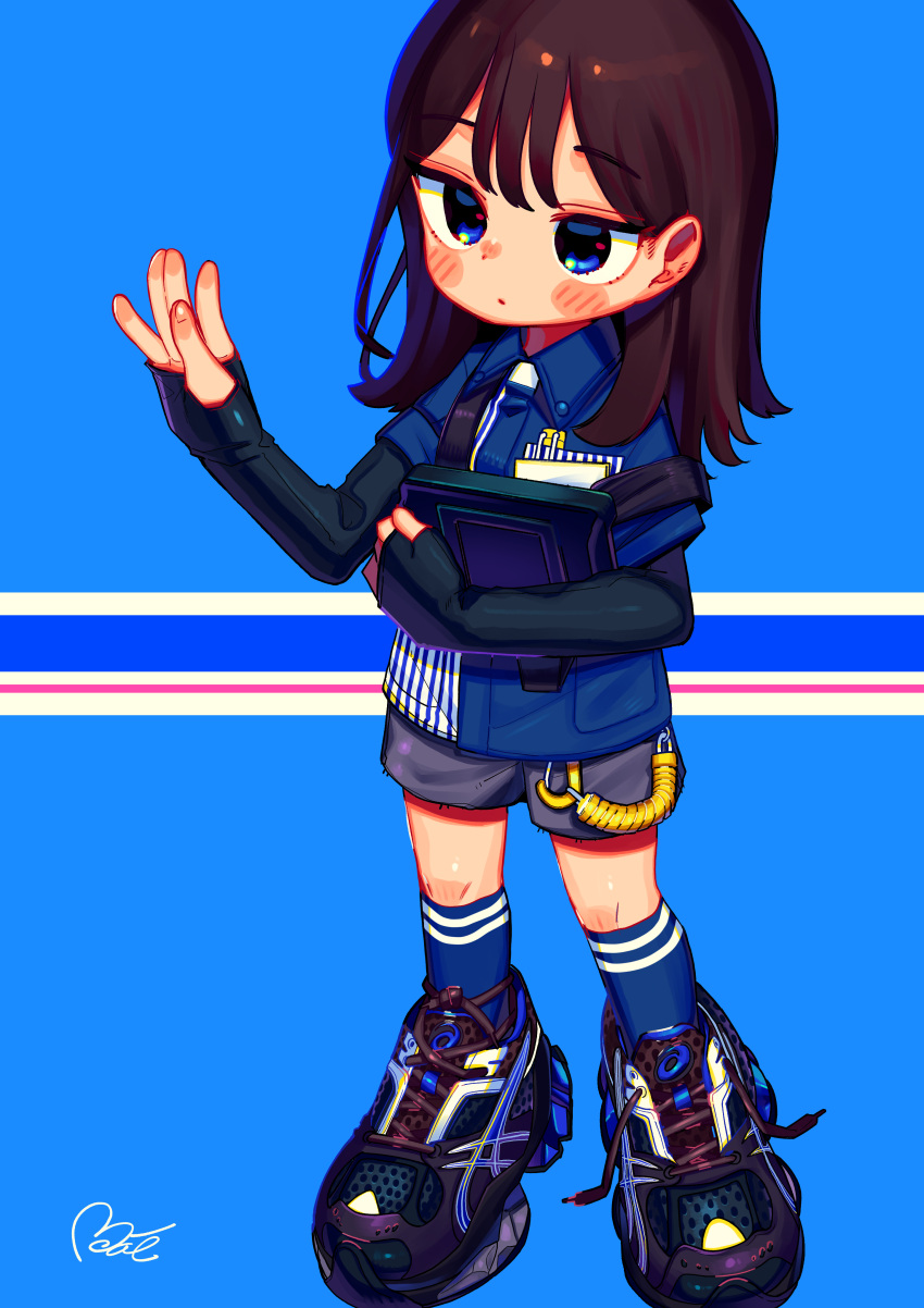 1girl absurdres blue_background blue_skirt blue_socks blush brown_hair collared_shirt commentary english_commentary grey_shorts hair_behind_ear hand_up highres holding kneehighs layered_sleeves long_hair long_sleeves moai_(more_e_4km) original shirt shoelaces shoes short_over_long_sleeves short_sleeves shorts skirt sleeves_past_wrists sneakers socks solo standing straight_hair thumb_hole_sleeves untied_shoe