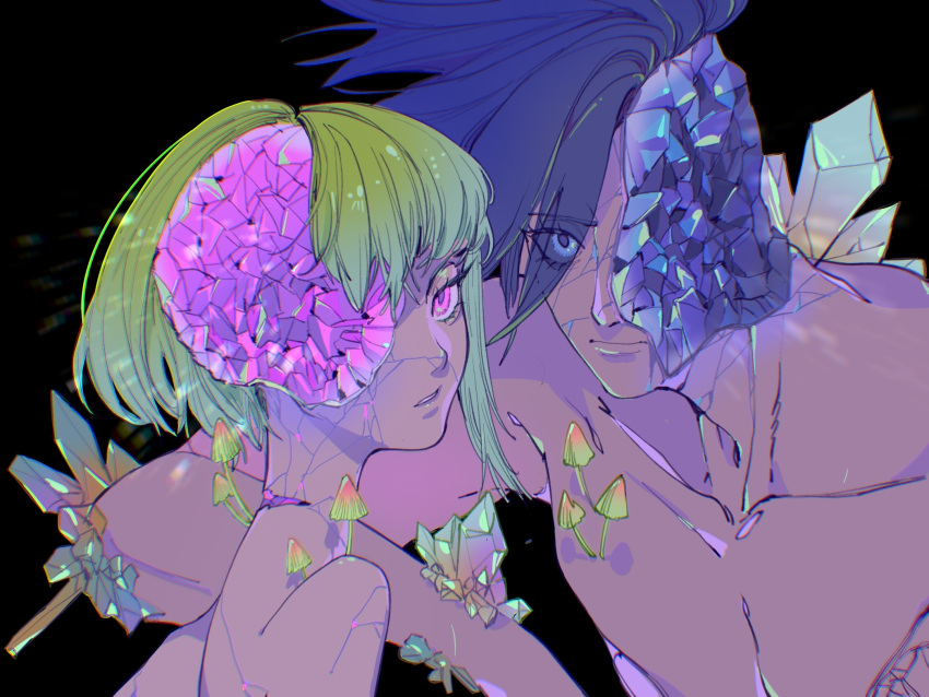 2boys androgynous arm_on_shoulder arm_rest black_background blonde_hair blue_eyes blue_gemstone blue_hair closed_mouth collarbone cracked_skin eyelashes eyes_visible_through_hair galo_thymos gem green_hair hair_over_one_eye highres hole_in_head lio_fotia lonelyspirit looking_at_viewer looking_to_the_side male_focus multiple_boys mushroom nude one-eyed overgrown promare purple_eyes purple_gemstone short_hair sidelocks sparkle toned toned_male upper_body