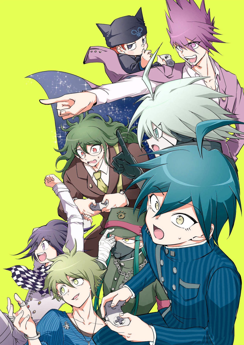 6+boys :o ahoge amami_rantaro arm_up black_headwear black_mask bracelet brown_hair cigarette collarbone controller danganronpa_(series) danganronpa_v3:_killing_harmony facial_hair goatee gokuhara_gonta green_hair green_jacket grey_hair hair_between_eyes hand_up highres holding holding_controller hoshi_ryoma index_finger_raised jacket jewelry k1-b0 male_focus mask momota_kaito mouth_mask multiple_boys necklace necktie oma_kokichi pink_hair pink_jacket purple_hair ring saihara_shuichi shachoo_(poco_poco) shinguji_korekiyo shirt simple_background smile spiked_hair striped striped_jacket teeth white_shirt yellow_background