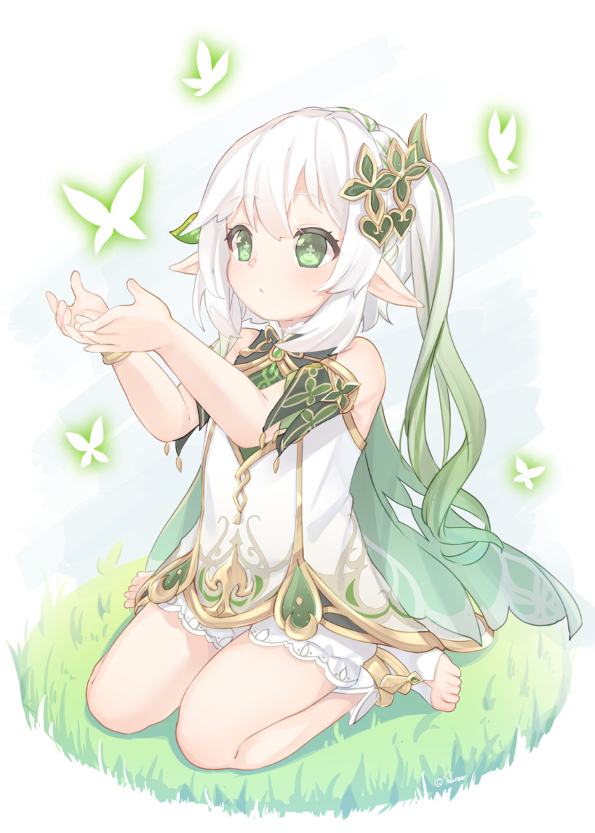 1girl :o bloomers bracelet bug butterfly cape commentary_request cross-shaped_pupils detached_sleeves dress female_child genshin_impact gold_trim green_cape green_eyes green_hair green_sleeves hair_between_eyes hair_ornament hands_up highres jewelry leaf_hair_ornament legs light_blush long_hair looking_at_another multicolored_hair nahida_(genshin_impact) on_grass pointy_ears sakurea side_ponytail sidelocks simple_background sitting sleeveless sleeveless_dress solo stirrup_legwear symbol-shaped_pupils thighs toeless_footwear toeless_legwear two-tone_hair underwear wariza white_background white_bloomers white_dress white_footwear white_hair
