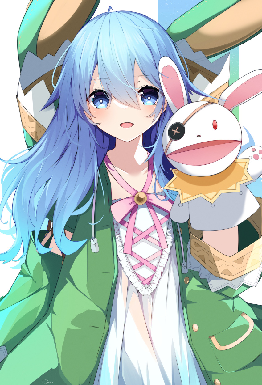 1girl absurdres animal_hood blue_eyes blue_hair coat date_a_live dress eyepatch green_coat hand_puppet highres hood hood_down jam_(jamjam777) long_hair puppet rabbit rabbit_hood rabbit_puppet smile solo stuffed_animal stuffed_rabbit stuffed_toy waving white_dress yoshino_(date_a_live) yoshinon