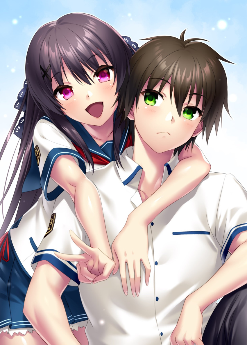 1boy 1girl :d ao_no_kanata_no_four_rhythm arms_around_neck black_hair black_ribbon blue_background blue_sailor_collar blue_skirt blush closed_mouth collared_shirt commentary_request commission couple dress_shirt eyelashes eyes_visible_through_hair frilled_skirt frills frown green_eyes hair_between_eyes hair_ornament hair_ribbon head_tilt hetero highres hinata_masaya hug hug_from_behind long_hair looking_at_another looking_at_viewer looking_to_the_side miniskirt neckerchief open_mouth pleated_skirt purple_eyes red_neckerchief ribbon sailor_collar school_uniform second-party_source shirt simple_background sitting skeb_commission skirt smile standing straight-on straight_hair tobisawa_misaki v very_long_hair white_shirt x_hair_ornament zen_(kamuro)