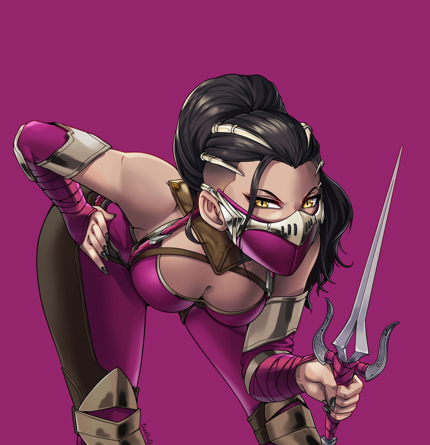 1girl absurdres arm_wrap armlet bent_over black_hair black_nails bodysuit breasts cleavage commentary detached_sleeves downblouse elbow_pads english_commentary fingernails hair_pulled_back hand_on_own_hip highres holding holding_weapon knee_pads large_breasts long_hair looking_at_viewer mask mileena mortal_kombat_(series) mortal_kombat_1 mouth_mask ninja ninja_mask ponytail purple_bodysuit purple_sleeves purple_theme sai_(weapon) slit_pupils solo tre_artz undercut weapon yellow_eyes