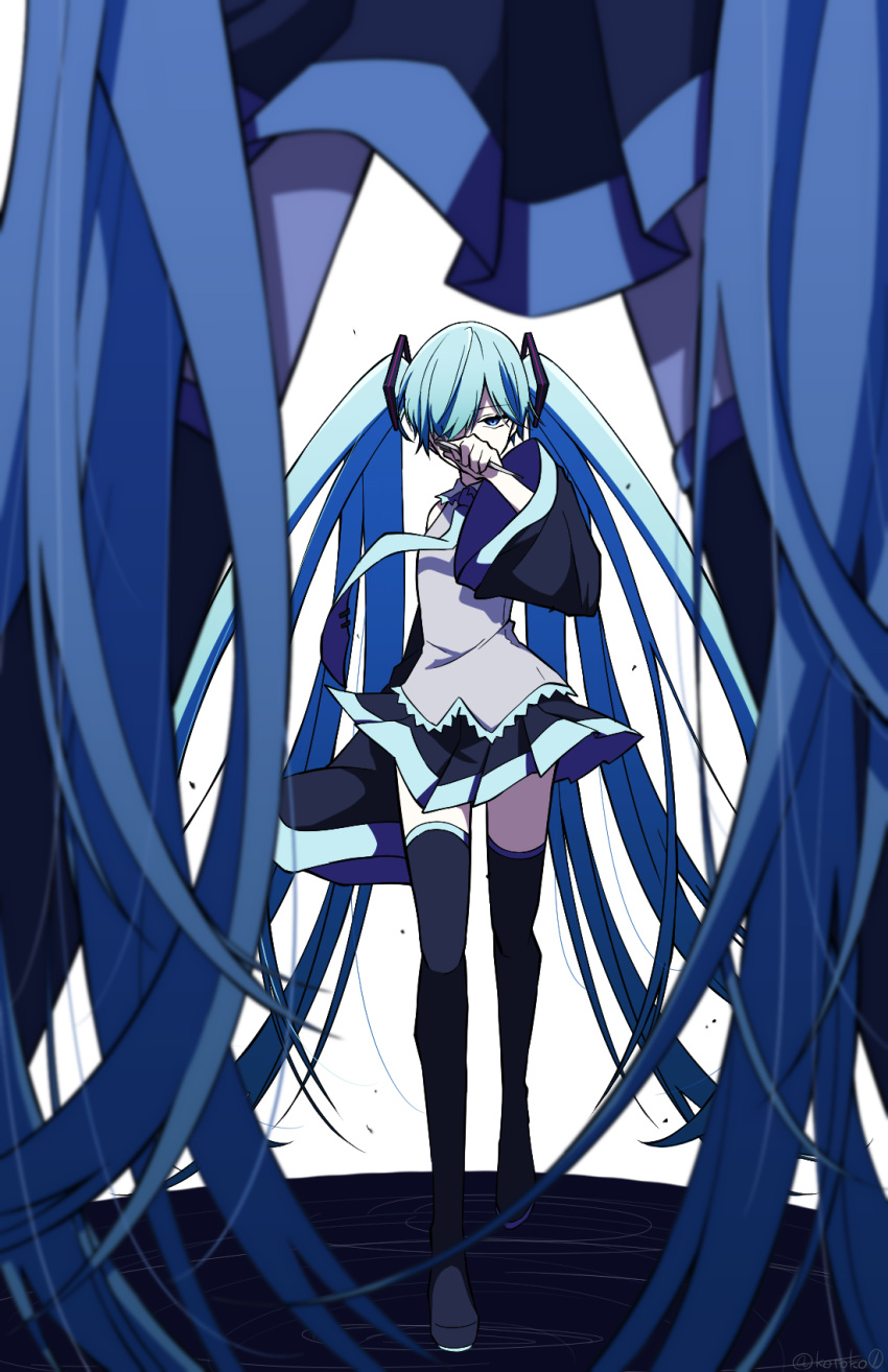 2girls bangs blue_eyes blue_hair boots clone covering_mouth detached_sleeves dual_persona full_body hair_ornament hair_over_one_eye hatsune_miku highres holding holding_scissors kotoko0 long_hair long_sleeves mosaic_roll_(vocaloid) multiple_girls necktie pleated_skirt scissors shirt skirt sleeveless sleeveless_shirt thigh_boots very_long_hair vocaloid walking wide_sleeves