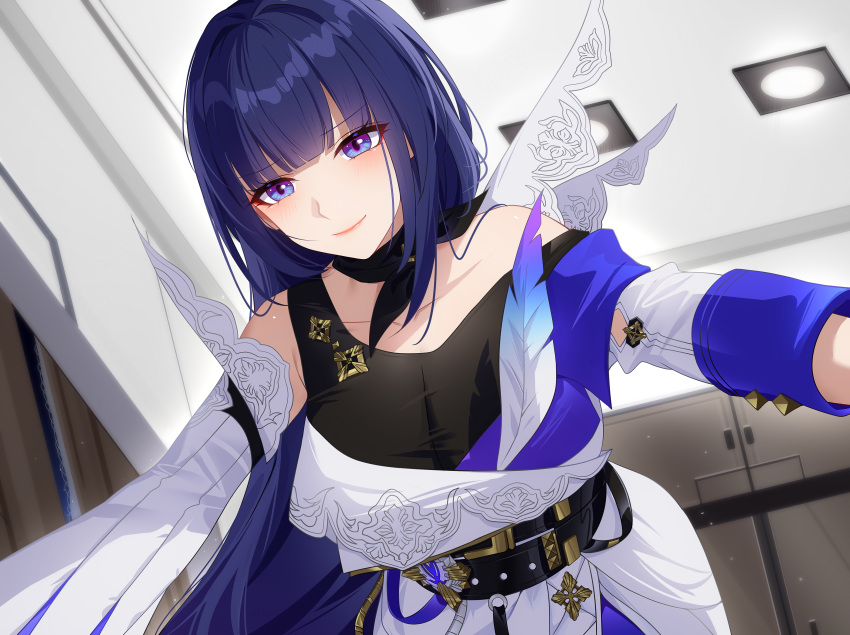 1girl absurdres arm_support assertive_female bare_shoulders belt black_belt black_neckerchief black_tank_top blunt_bangs blush breasts buttoned_cuffs ceiling ceiling_light closet collarbone curtains detached_sleeves from_below girl_on_top hanging_breasts highres hime_cut honkai_(series) honkai_impact_3rd interior jacket lace_trim large_breasts leaning_forward long_hair looking_at_viewer medal neckerchief night off_shoulder plume pov purple_eyes purple_hair raiden_mei shirt sidelocks single_detached_sleeve smile tank_top taut_clothes taut_shirt upper_body white_jacket window wu_ganlan_cai