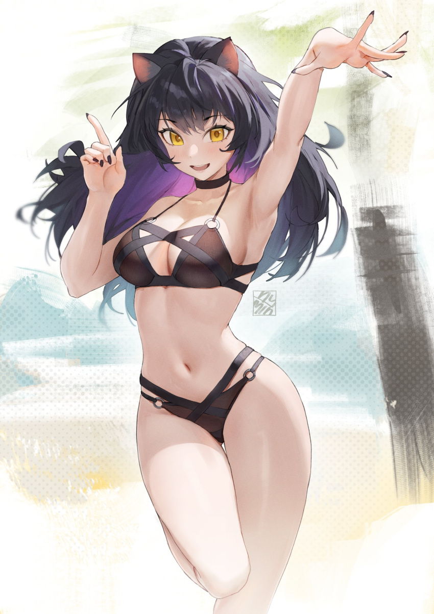 1girl absurdres animal_ears arm_up armpits artist_logo bikini black_bikini black_choker black_hair black_nails blake_belladonna breasts cat_ears choker colored_inner_hair commentary english_commentary fingernails halterneck hand_up highres hymin index_finger_raised large_breasts light_blush long_fingernails long_hair looking_at_viewer multi-strapped_bikini_bottom multi-strapped_bikini_top multicolored_hair nail_polish navel o-ring o-ring_bikini open_mouth purple_hair rwby smile solo standing standing_on_one_leg stomach swimsuit yellow_eyes